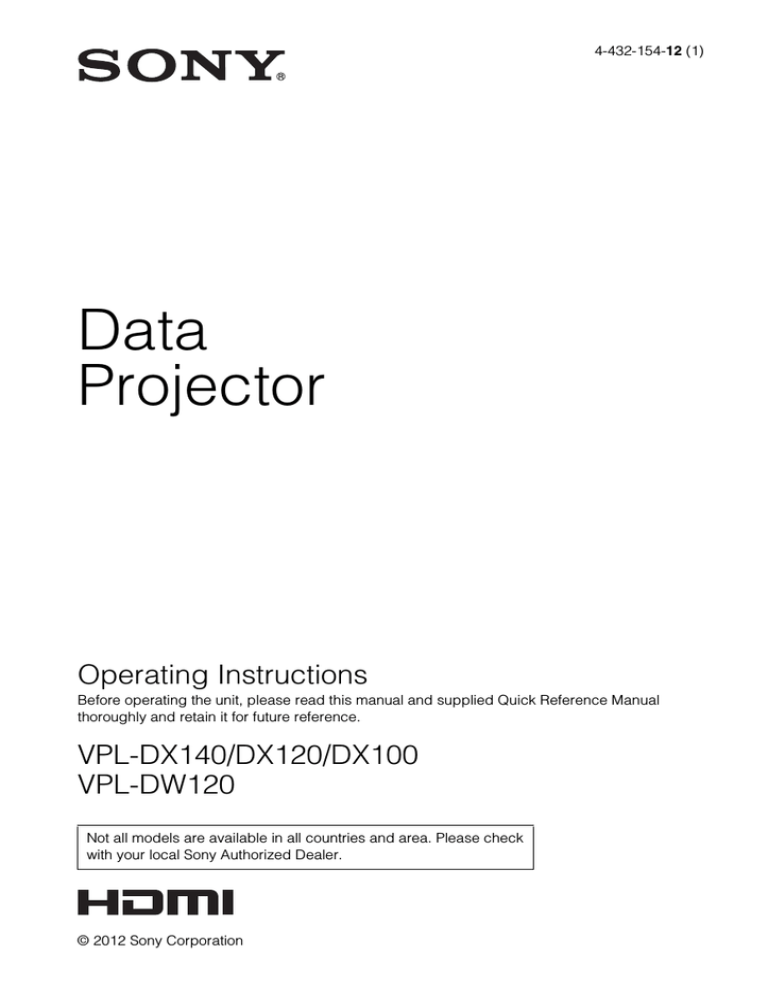 Sony Projector DX100 User's manual Sony Projector DX100 User's manual