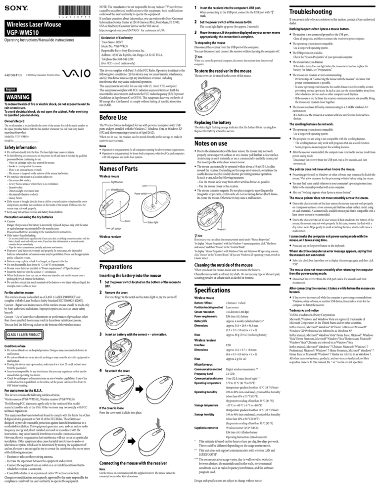 Sony VGPWMS10W User's manual Sony VGPWMS10W User's manual