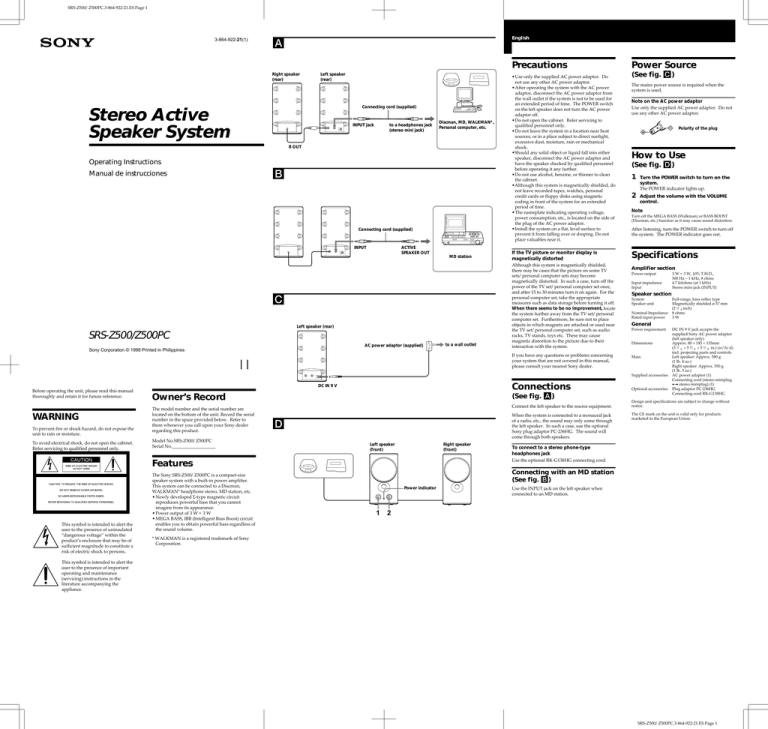 Sony SRS-Z500PC, SRS-Z500, SRS-Z500/Z500PC User's manual Sony SRS-Z500PC, SRS-Z500, SRS-Z500/Z500PC User's manual
