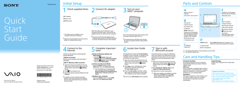 Sony SVF14212CXB Quick start guide Sony SVF14212CXB Quick start guide