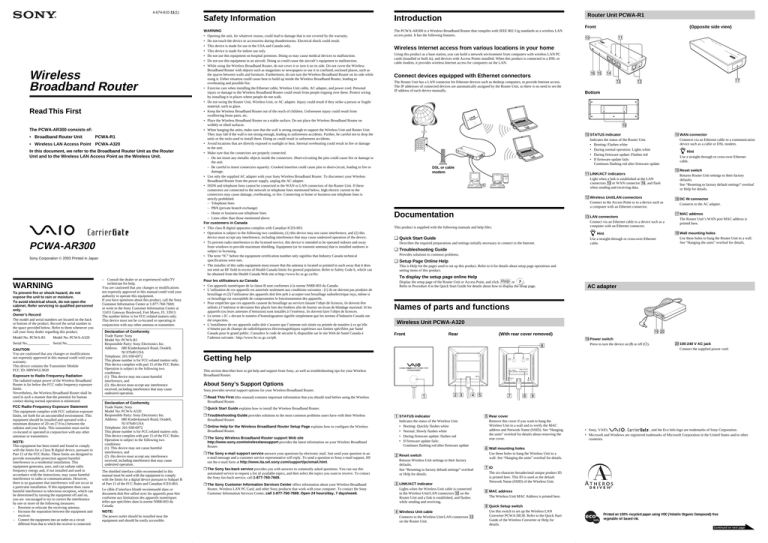 Sony VAIO PCWA-AR300 User manual Sony VAIO PCWA-AR300 User manual