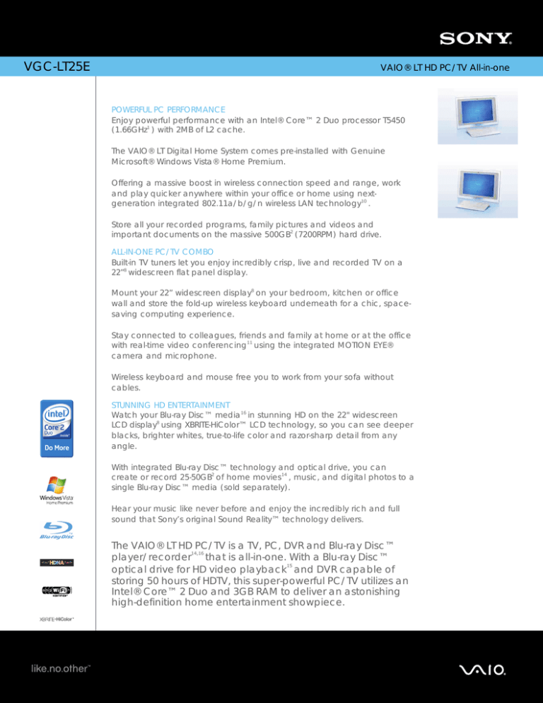 Sony VGC-LT25E Specification Sony VGC-LT25E Specification