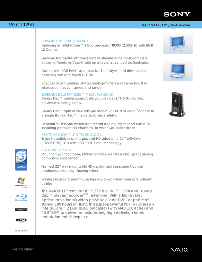 Sony VGC-LT29U Specification Sony VGC-LT29U Specification