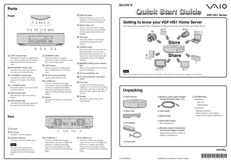 Sony VGF-HS1U Quick start guide Sony VGF-HS1U Quick start guide