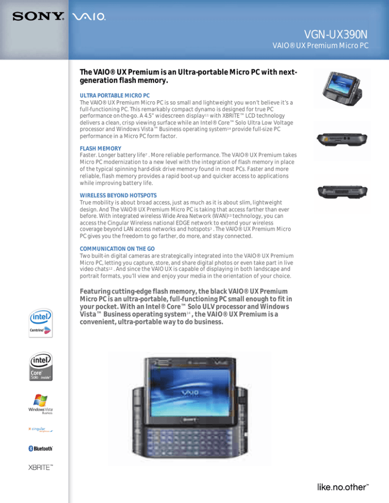 Sony VGN-UX390N Specification Sony VGN-UX390N Specification