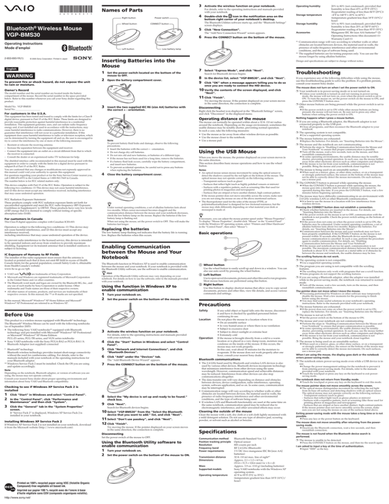 Sony VGP-BMS30 Operating instructions Sony VGP-BMS30 Operating instructions