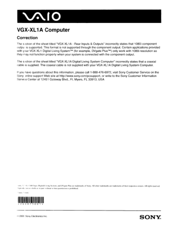 Sony VGX-XL1A Important information Sony VGX-XL1A Important information