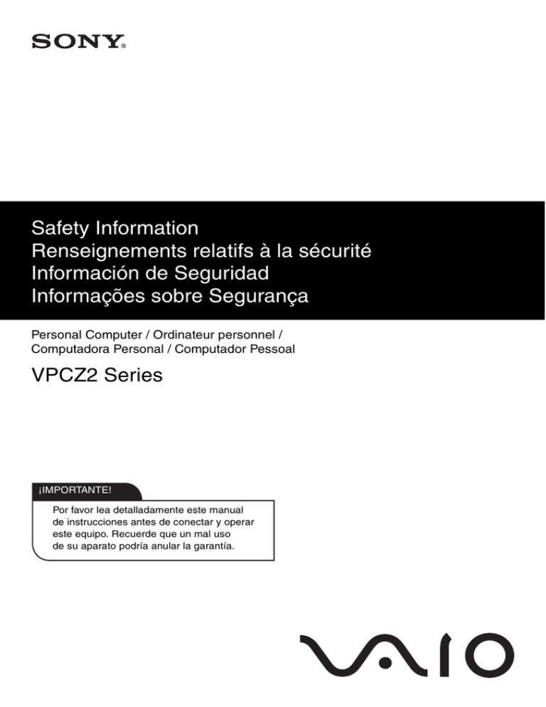 Sony VPCZ212GX/B Safety guide Sony VPCZ212GX/B Safety guide