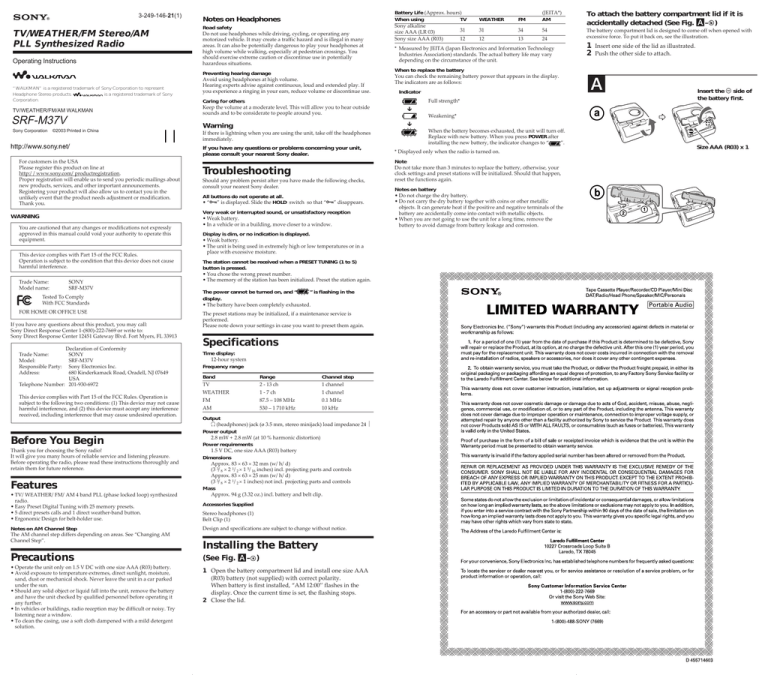Sony Walkman SRF-M37V User's manual Sony Walkman SRF-M37V User's manual