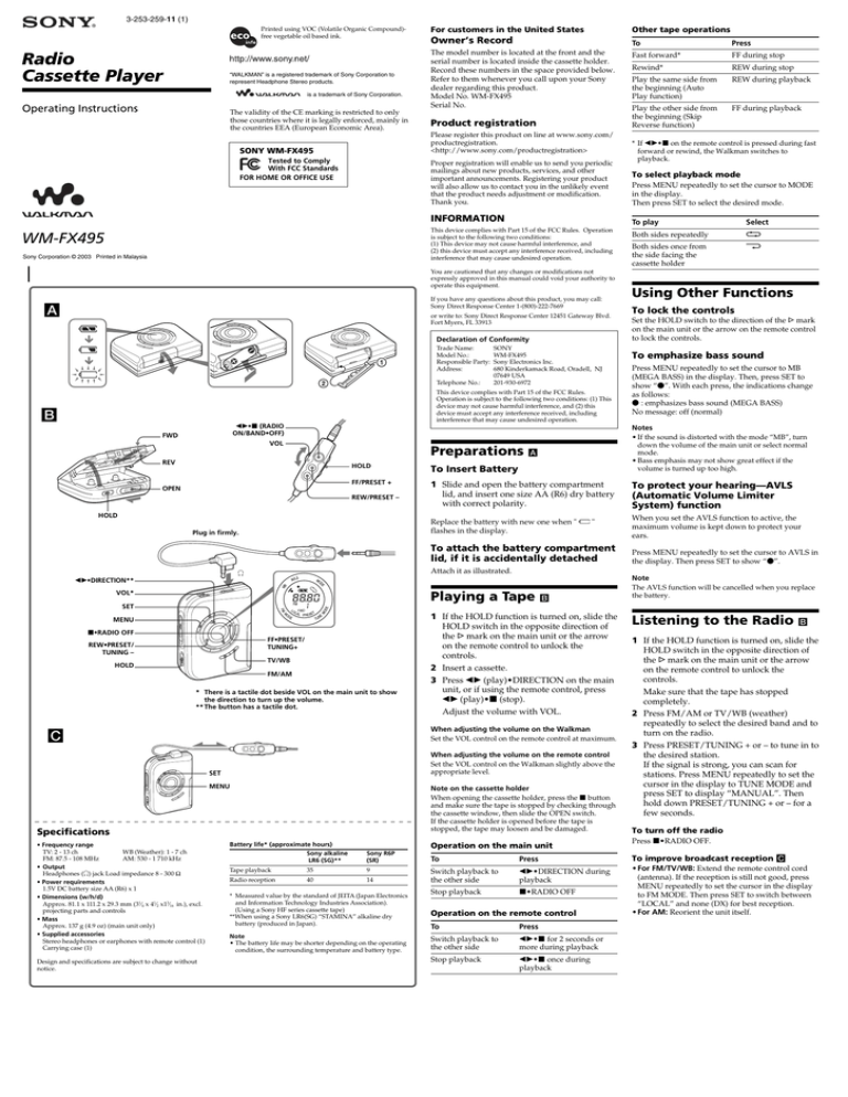 Sony Walkman WM-FX495 User's manual Sony Walkman WM-FX495 User's manual