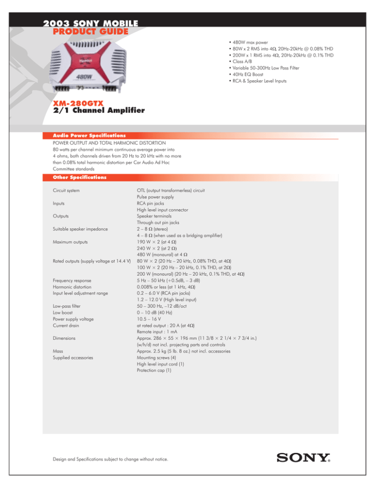 Sony XM-280GTX Specification Sony XM-280GTX Specification
