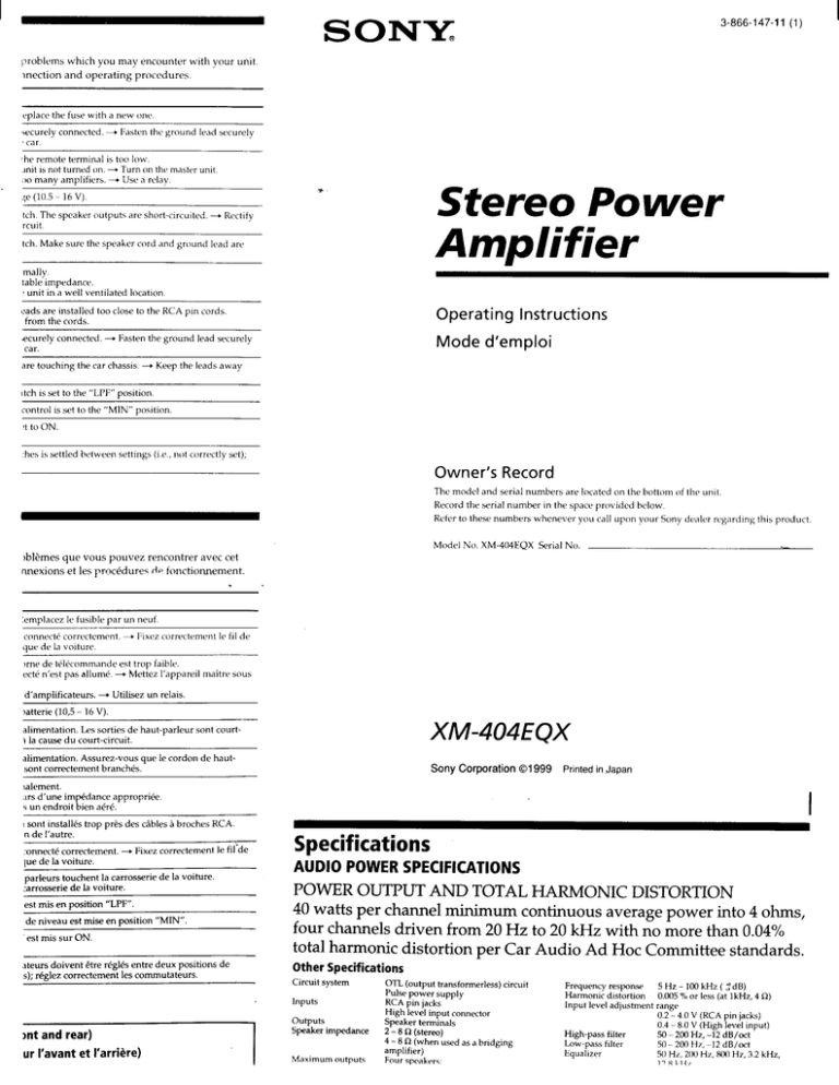 Sony XM-404EQX Operating instructions Sony XM-404EQX Operating instructions