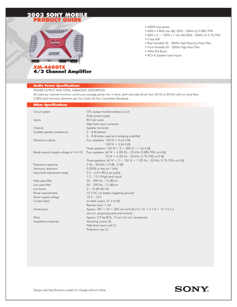 Sony XM-460GTX Specification Sony XM-460GTX Specification