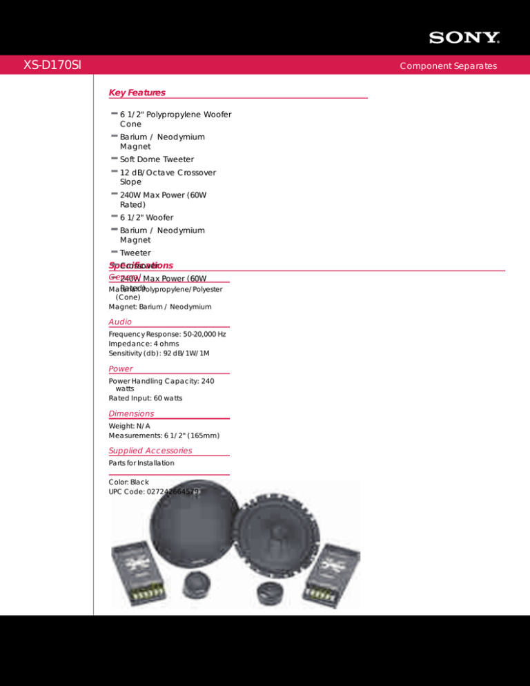 Sony XS-D170SI Specification Sony XS-D170SI Specification