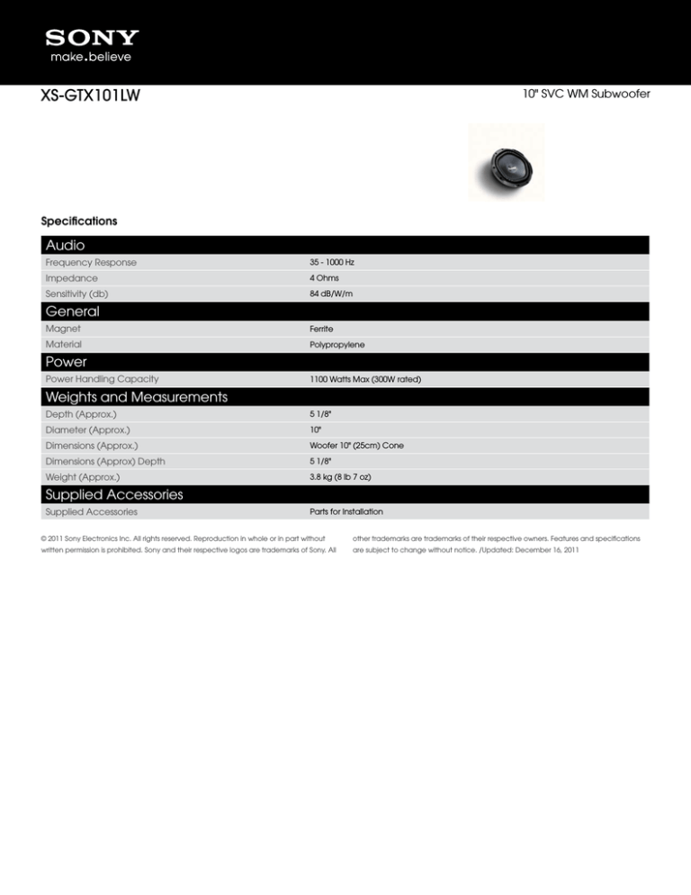 Sony XS-GTX101LW Specification Sony XS-GTX101LW Specification