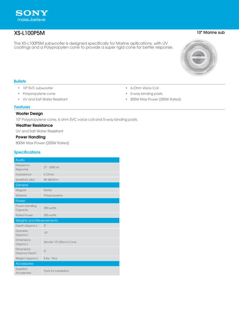 Sony XS-L100P5M Specification Sony XS-L100P5M Specification