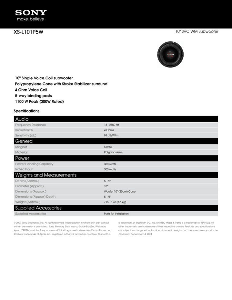 Sony XS-L101P5W Specification Sony XS-L101P5W Specification