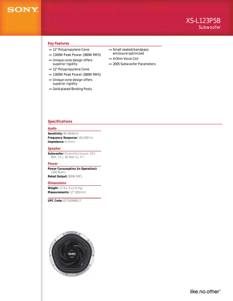 Sony XS-L123P5B Specification Sony XS-L123P5B Specification