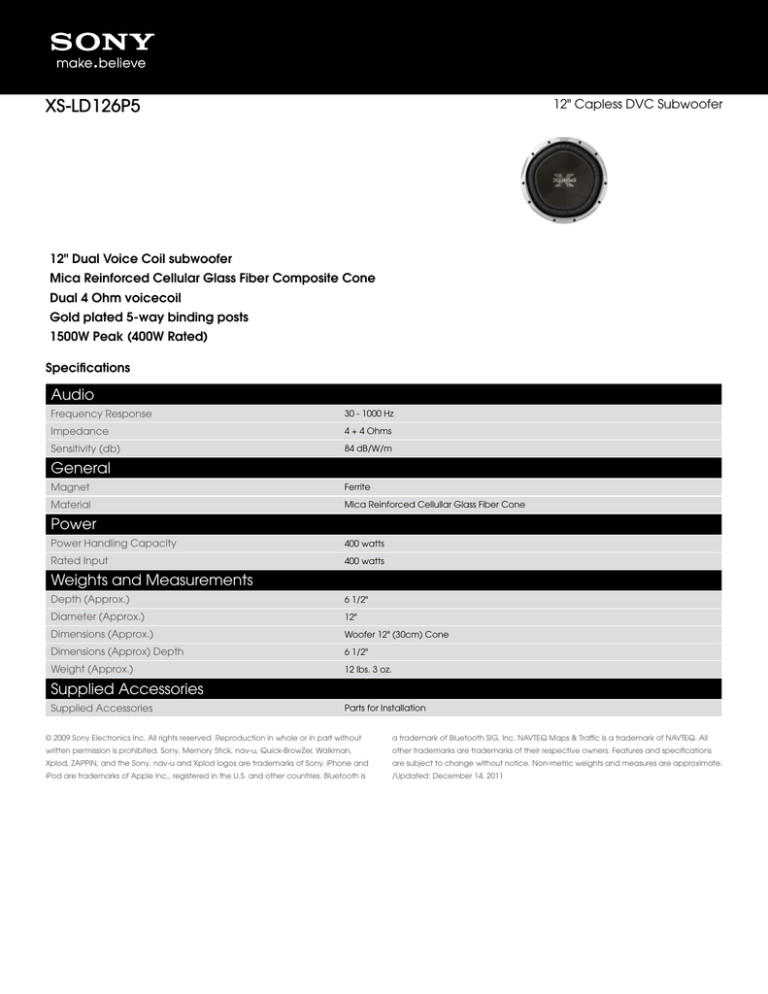 Sony XS-LD126P5 Specification Sony XS-LD126P5 Specification