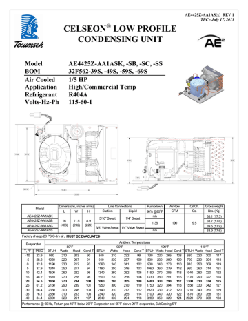 Tecumseh AE4425Z-AA1ASB Performance Data Sheet | Manualzz