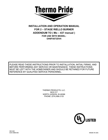 Thermo Products 2-Stage Riello Oil Burner for OH6, OH6FX072DV4 Owner's manual Thermo Products 2-Stage Riello Oil Burner for OH6, OH6FX072DV4 Owner's manual