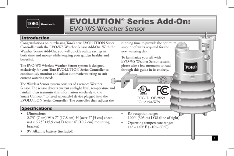 Toro EVOLUTION Series WEATHER SENSOR Installation guide Toro EVOLUTION Series WEATHER SENSOR Installation guide