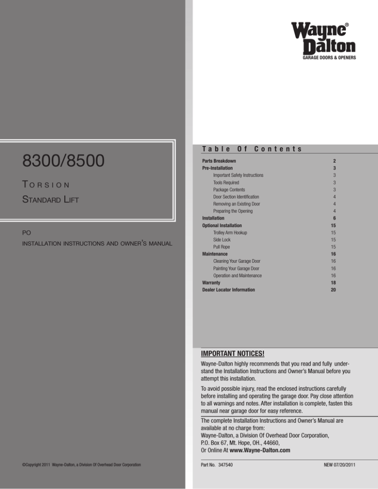 Wayne-Dalton TORSION 8300/8500 User manual Wayne-Dalton TORSION 8300/8500 User manual