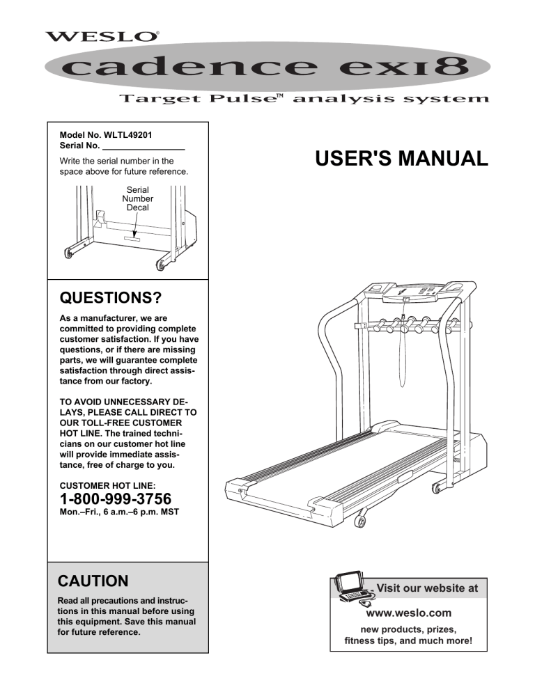 Weslo Cadence ex18, Cadence Ex 18, WLTL49201 User manual Weslo Cadence ex18, Cadence Ex 18, WLTL49201 User manual