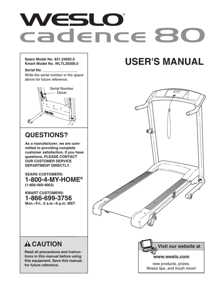 Weslo Treadmill WLTL29306.0 User manual Weslo Treadmill WLTL29306.0 User manual