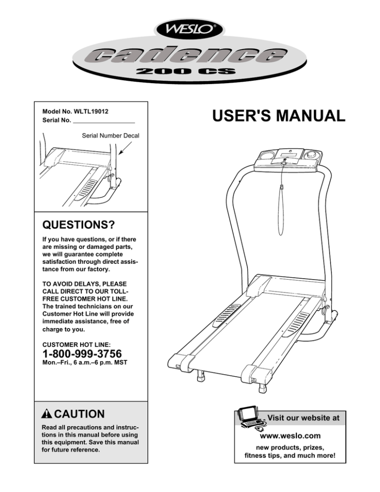 Weslo WLTL19012, WLTL19013, Cadence 200cs User manual Weslo WLTL19012, WLTL19013, Cadence 200cs User manual