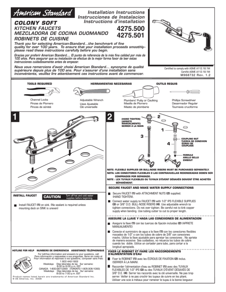 American Standard 4275.500.002, 4275.501.002 Installation guide American Standard 4275.500.002, 4275.501.002 Installation guide