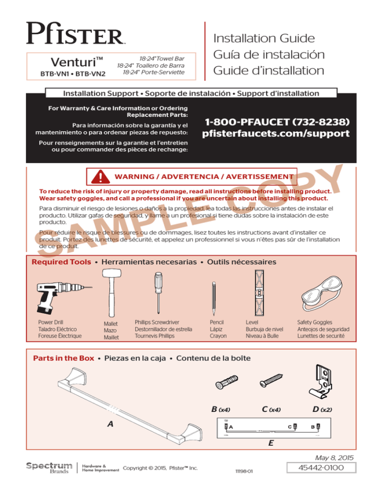Pfister BTB-VN1K, BTB-VN1C, BTB-VN2C Installation guide Pfister BTB-VN1K, BTB-VN1C, BTB-VN2C Installation guide