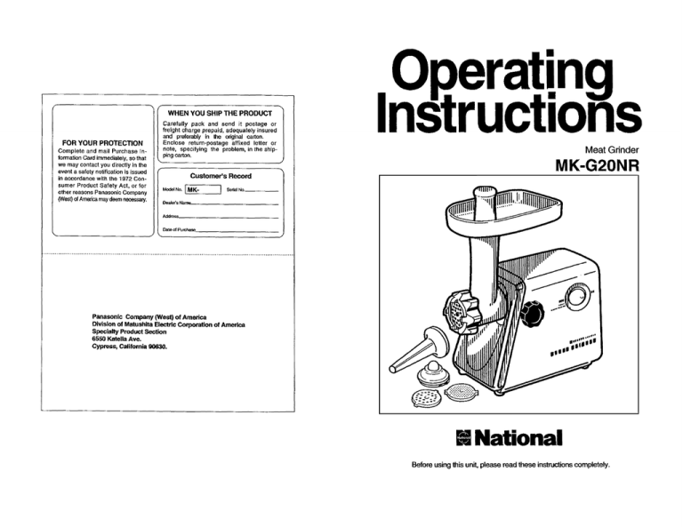 Panasonic MKG20NRW, MK-G20NR Owner's manual Panasonic MKG20NRW, MK-G20NR Owner's manual
