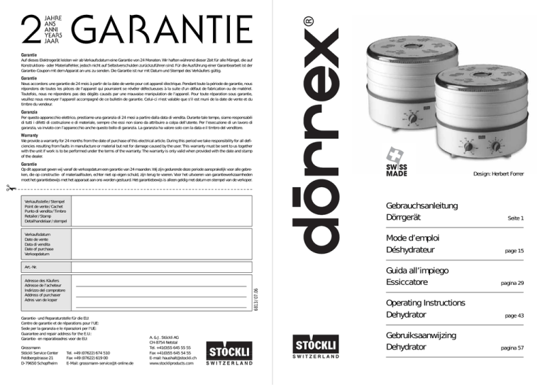 Gebrauchsanleitung Dörrgerät Mode d'emploi Gebrauchsanleitung Dörrgerät Mode d'emploi