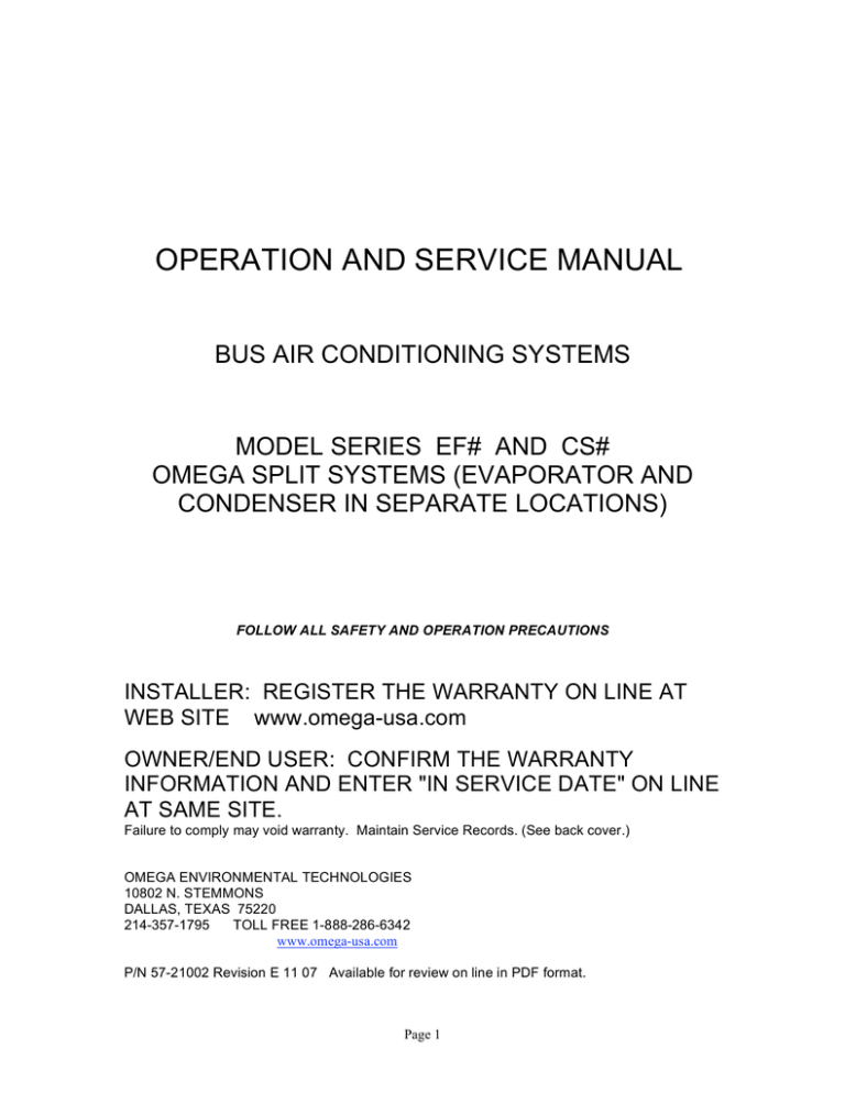 OPERATION AND SERVICE MANUAL - Omega OPERATION AND SERVICE MANUAL - Omega