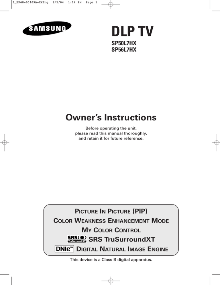 Samsung SP-56L7HX, SP-50L7HX User manual Samsung SP-56L7HX, SP-50L7HX User manual