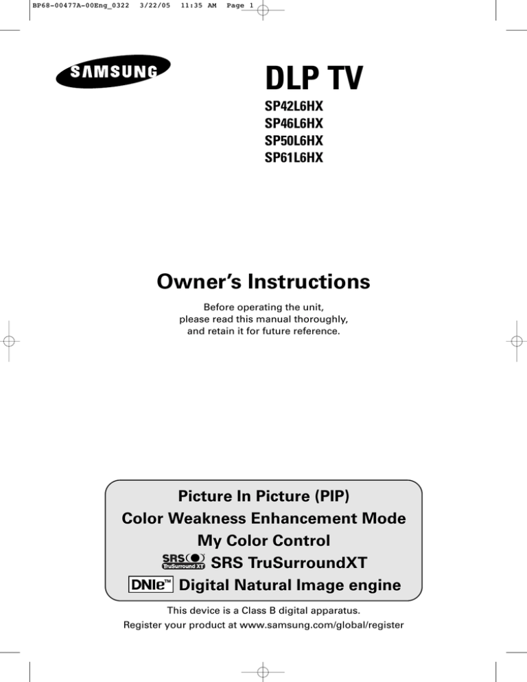 Samsung SP-61L6HX, SP-42L6HX, SP-50L6HR, SP-50L6HX User manual Samsung SP-61L6HX, SP-42L6HX, SP-50L6HR, SP-50L6HX User manual