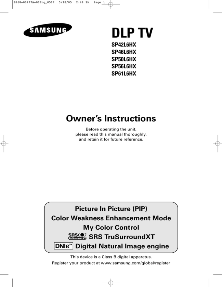 Samsung SP-61L6HX, SP-42L6HX, SP-50L6HX User manual Samsung SP-61L6HX, SP-42L6HX, SP-50L6HX User manual