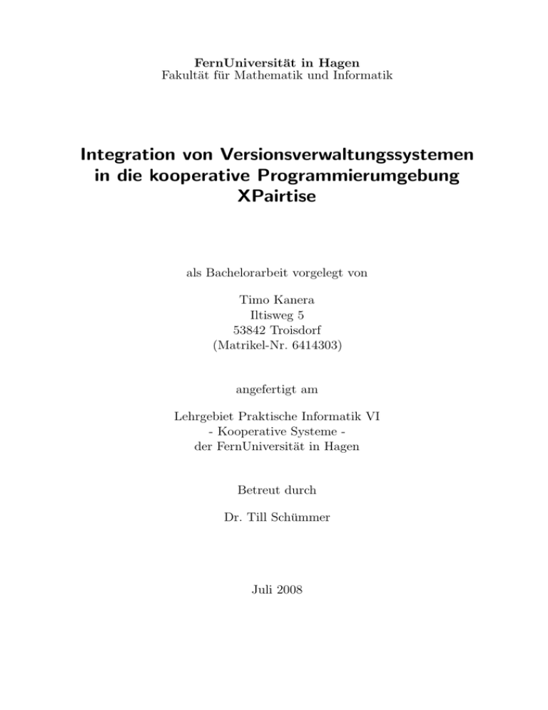 Integration von Versionsverwaltungssystemen in die kooperative Integration von Versionsverwaltungssystemen in die kooperative