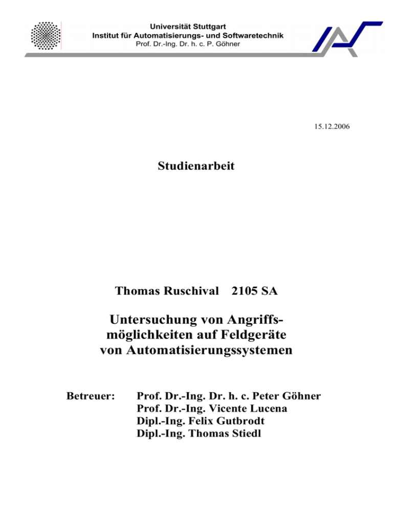 Untersuchung von Angriffsmöglichkeiten auf Feldgeräte in Untersuchung von Angriffsmöglichkeiten auf Feldgeräte in