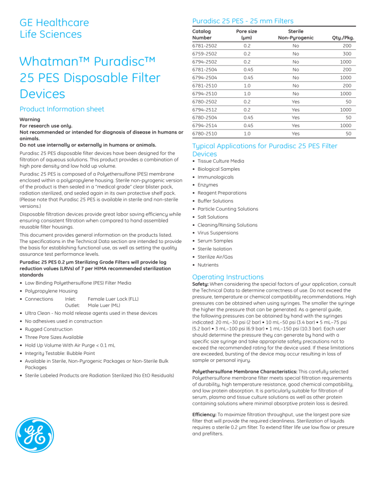 Whatman™ Puradisc™ 25 PES Disposable Filter Devices Whatman™ Puradisc™ 25 PES Disposable Filter Devices