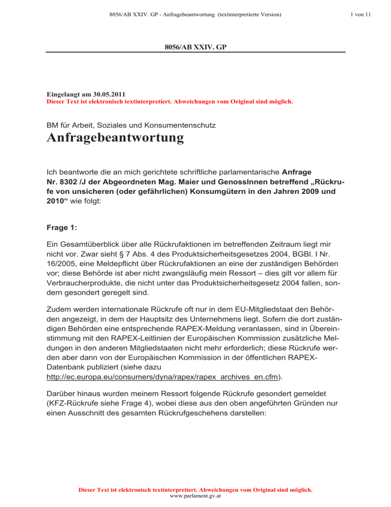 Anfragebeantwortung (textinterpretierte Version) / PDF, 168 KB Anfragebeantwortung (textinterpretierte Version) / PDF, 168 KB