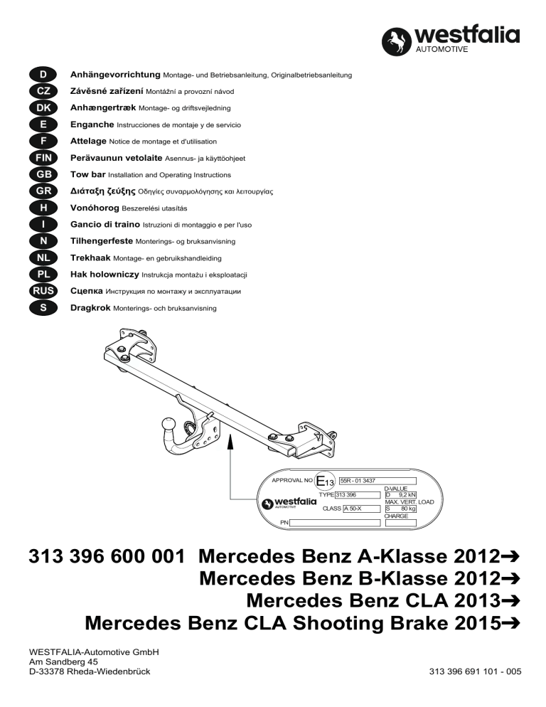 Istruzioni di montaggio - Westfalia Istruzioni di montaggio - Westfalia