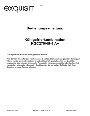Bedienungsanleitung Kühlgefrierkombination KGC270/45 Bedienungsanleitung Kühlgefrierkombination KGC270/45