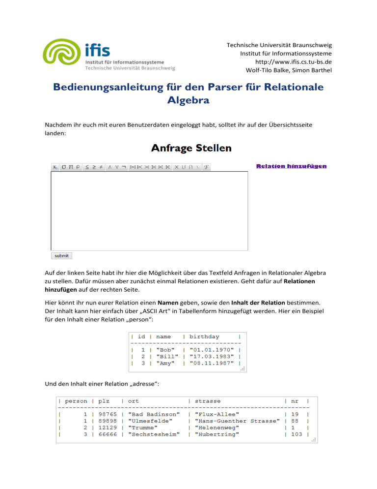 Bedienungsanleitung für den Parser für Relationale Algebra Bedienungsanleitung für den Parser für Relationale Algebra
