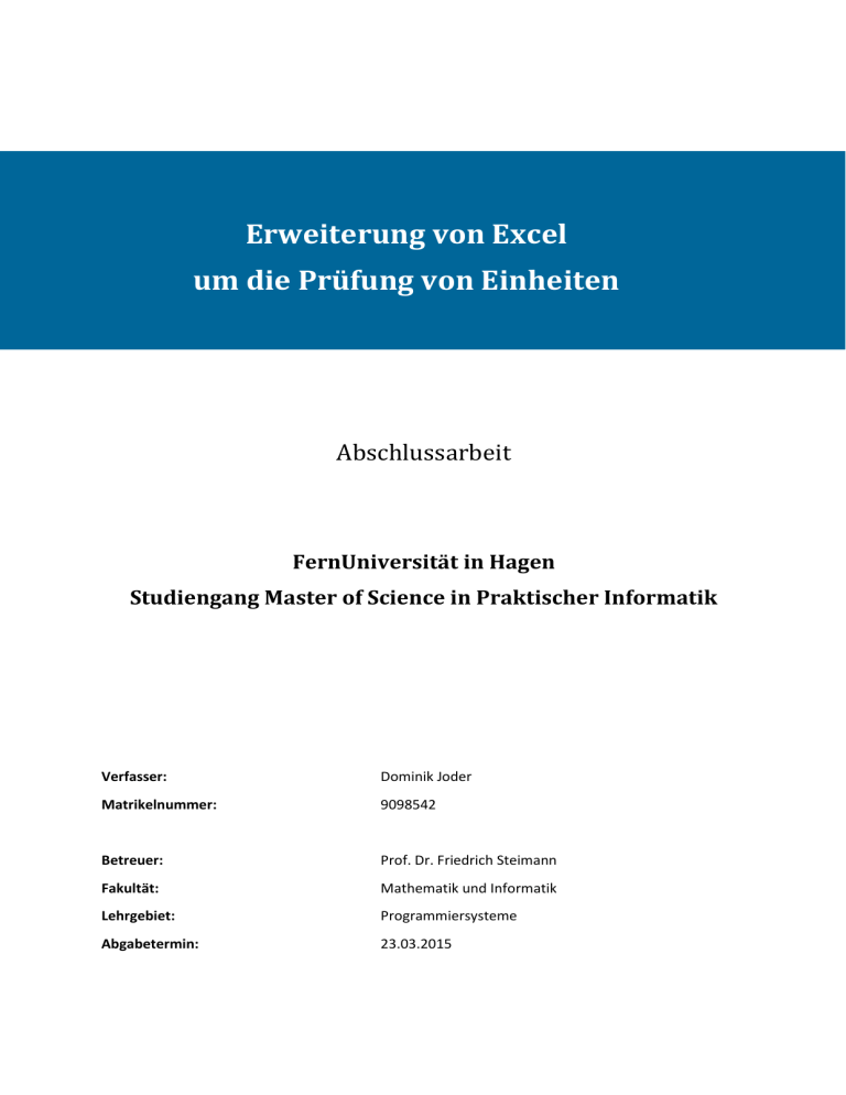 Erweiterung von Excel um die Prüfung von Einheiten Erweiterung von Excel um die Prüfung von Einheiten