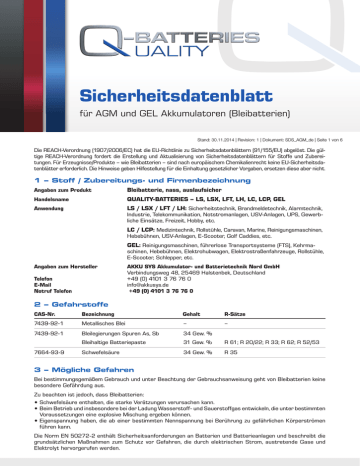 Sicherheitsdatenblatt für AGM Batterien Sicherheitsdatenblatt für AGM Batterien