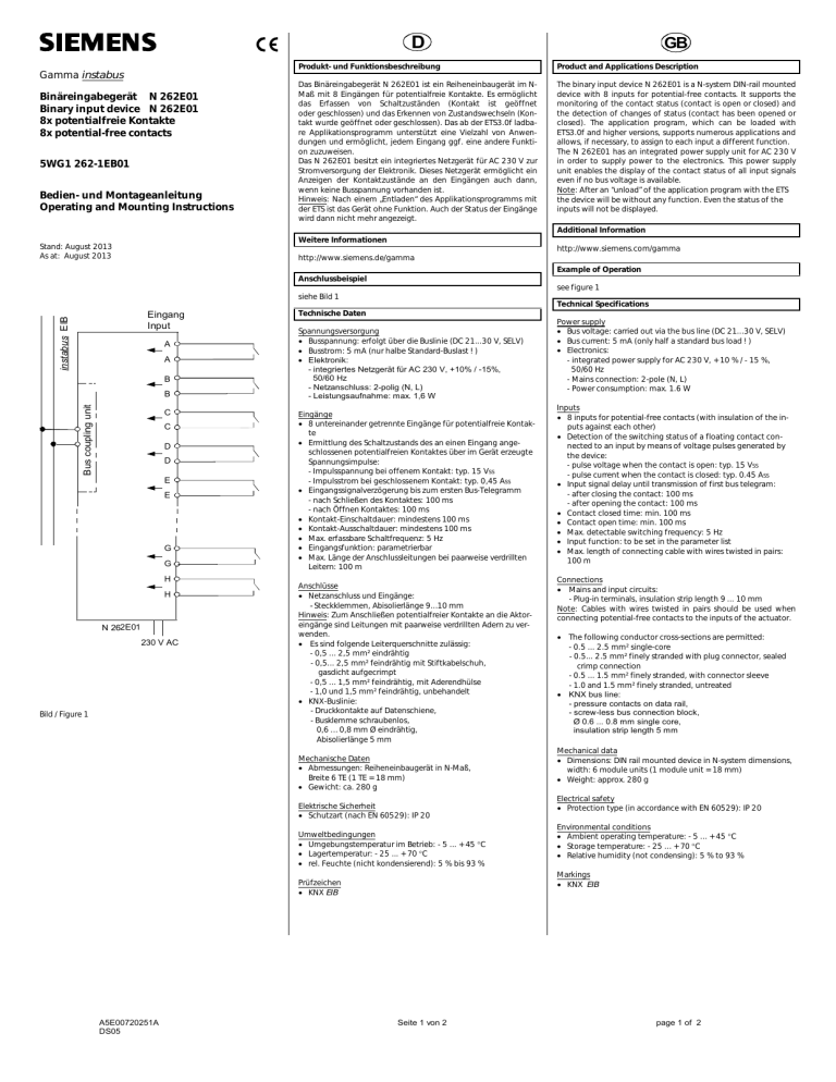 Gamma instabus Binäreingabegerät N 262E01 Binary input device Gamma instabus Binäreingabegerät N 262E01 Binary input device