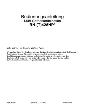 Bedienungsanleitung RN-T425NPW A+ Kühl Bedienungsanleitung RN-T425NPW A+ Kühl