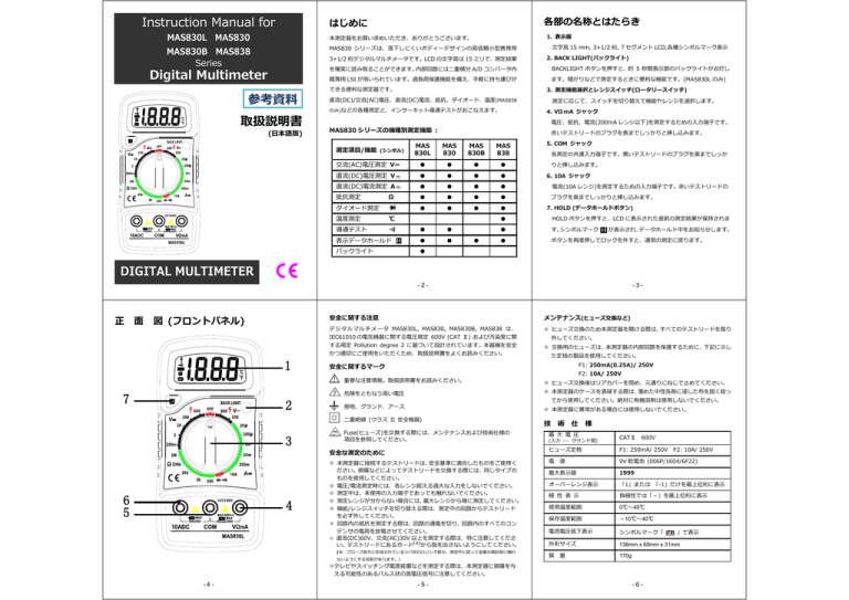 Instruction Manual for Digital Multimeter 取扱説明書 DIGITAL Instruction Manual for Digital Multimeter 取扱説明書 DIGITAL